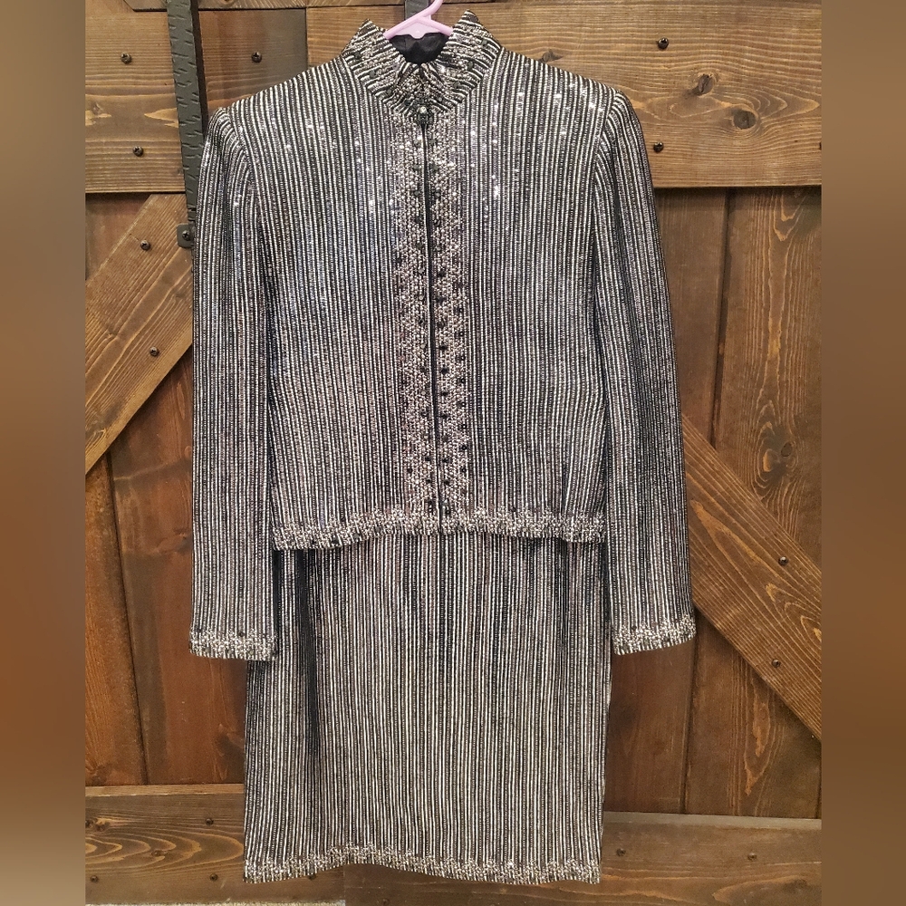 St. John Evening Skirt Suit black silver rhinestones paillettes zipper